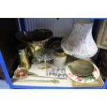 A brass coal scuttle; various other items of metalware; three pictures; a table lamp; & sundry other