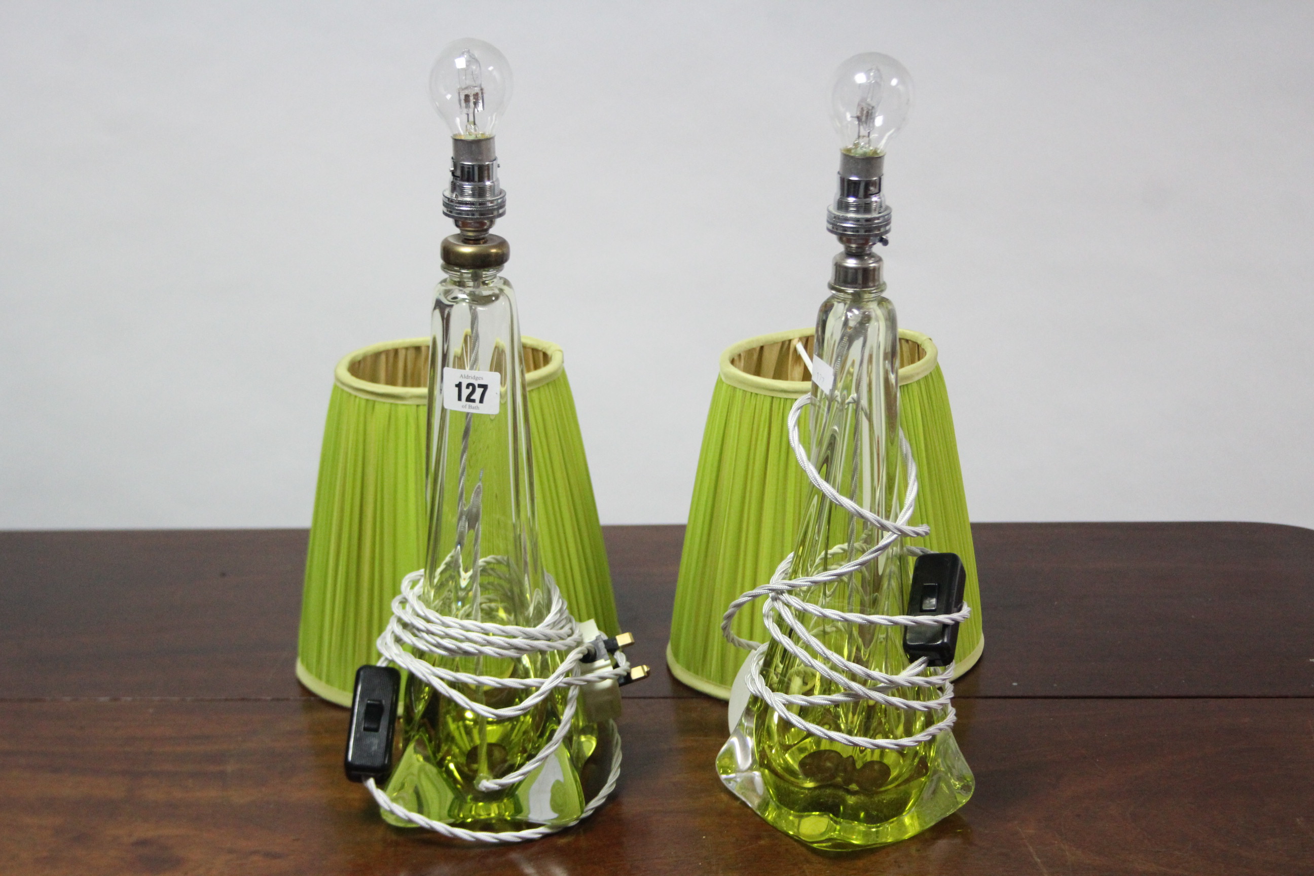 A pair of green tinted glass table lamps, bases of square tapered form, with shades, 16½” high. - Image 2 of 2