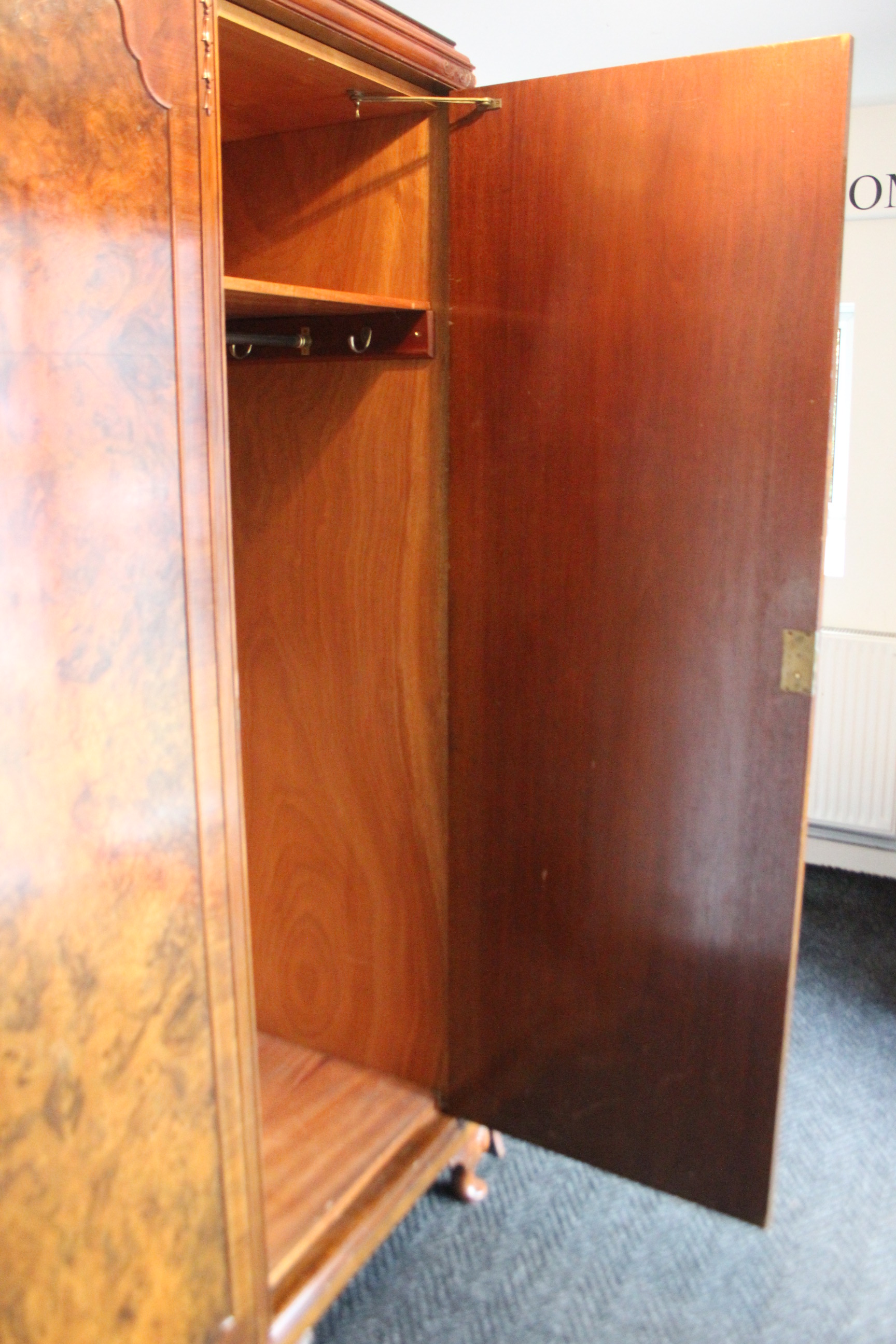 A mid-20th century burr-walnut three-piece bedroom suite comprising a twin-door wardrobe, 48” wide - Image 3 of 8