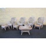 A set of four rattan conservatory chairs; a ditto set of four footstools; and three ditto