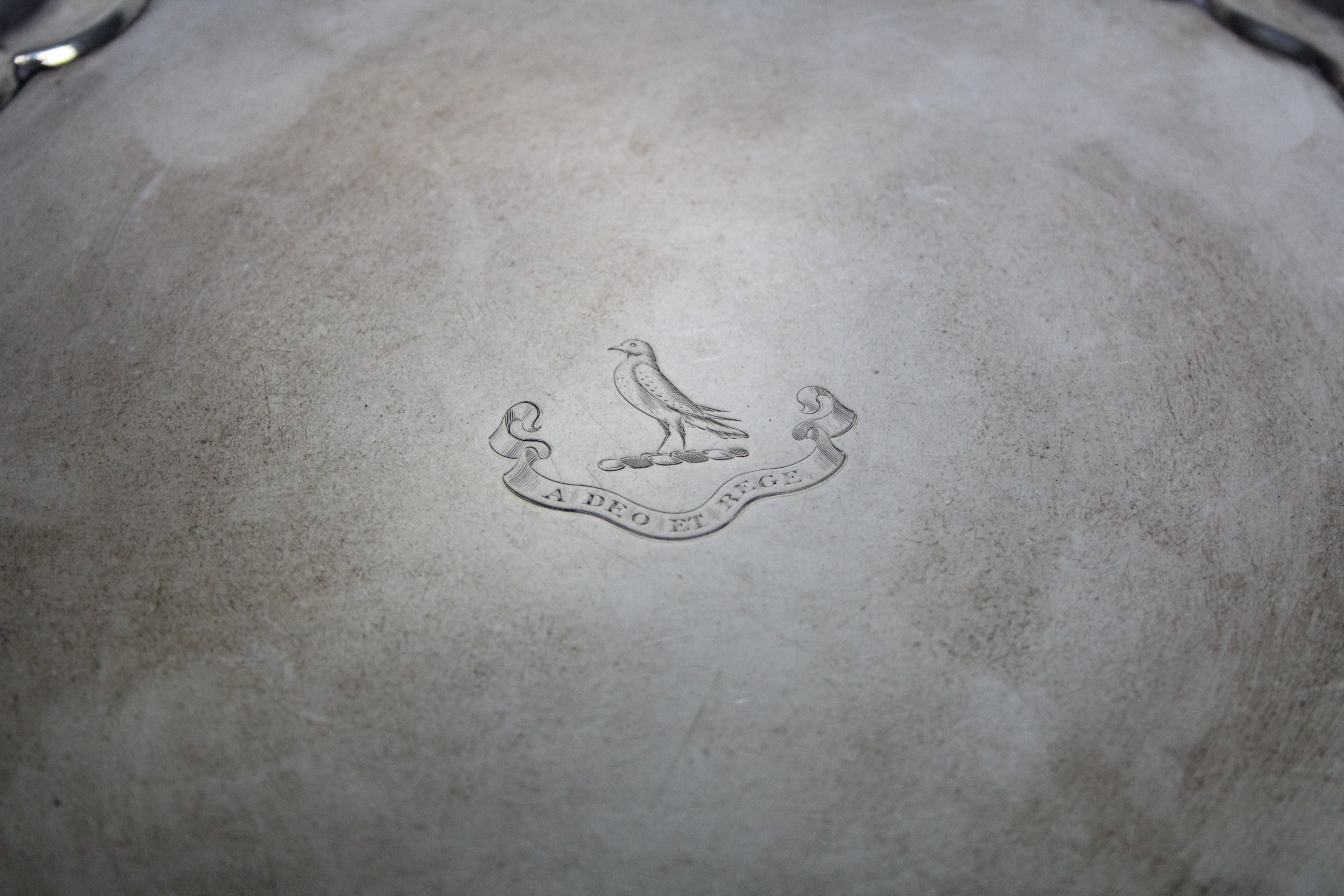 A late Victorian salver with raised pie-crust edge & engraved family crest, on three scroll feet, - Image 3 of 5