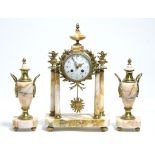 A 19th century French clock garniture, the portico clock with 3½” diam. convex enamel dial with