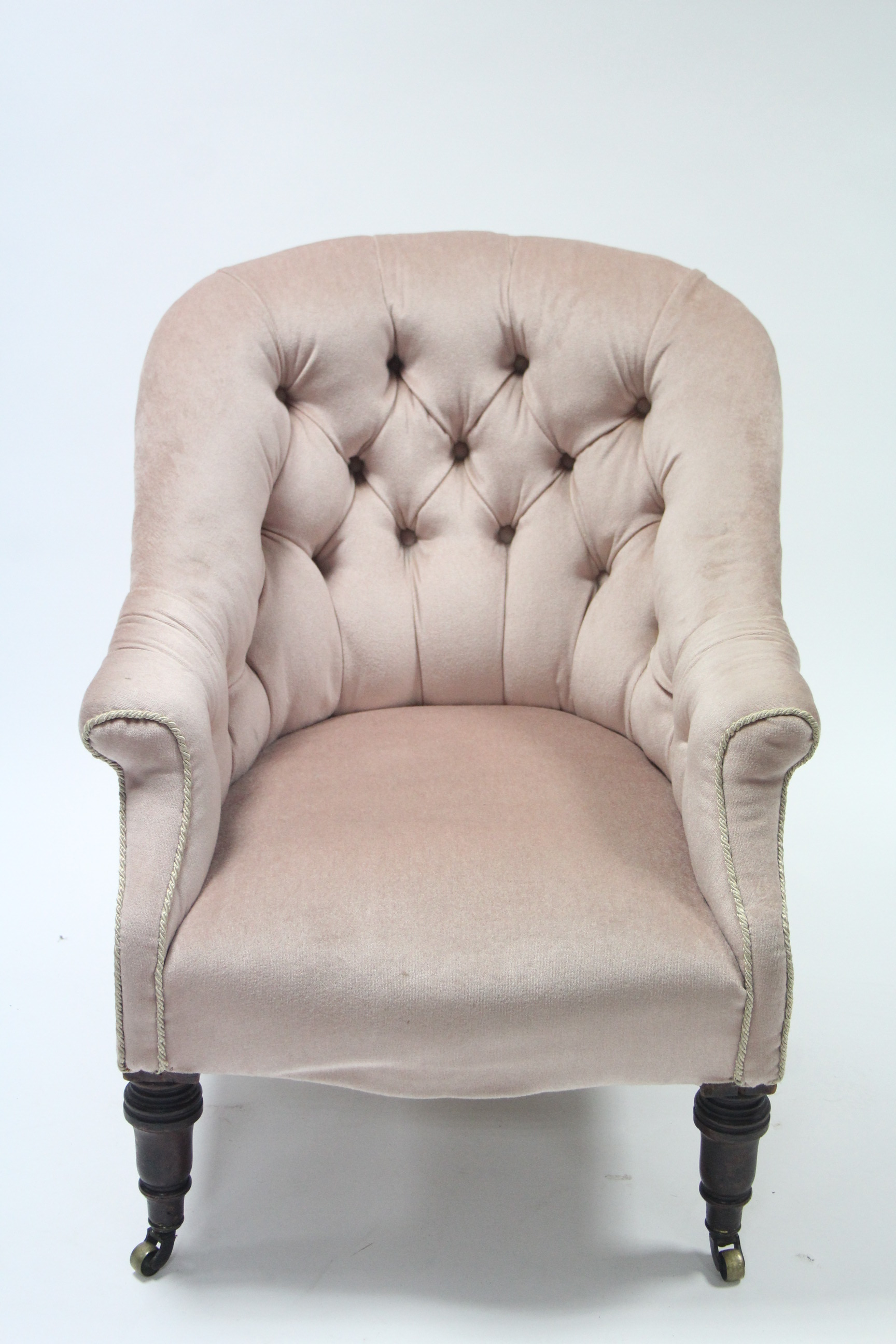 A mid-Victorian tub-shaped armchair, the buttoned back, arms & sprung seat upholstered salmon-pink - Image 2 of 3