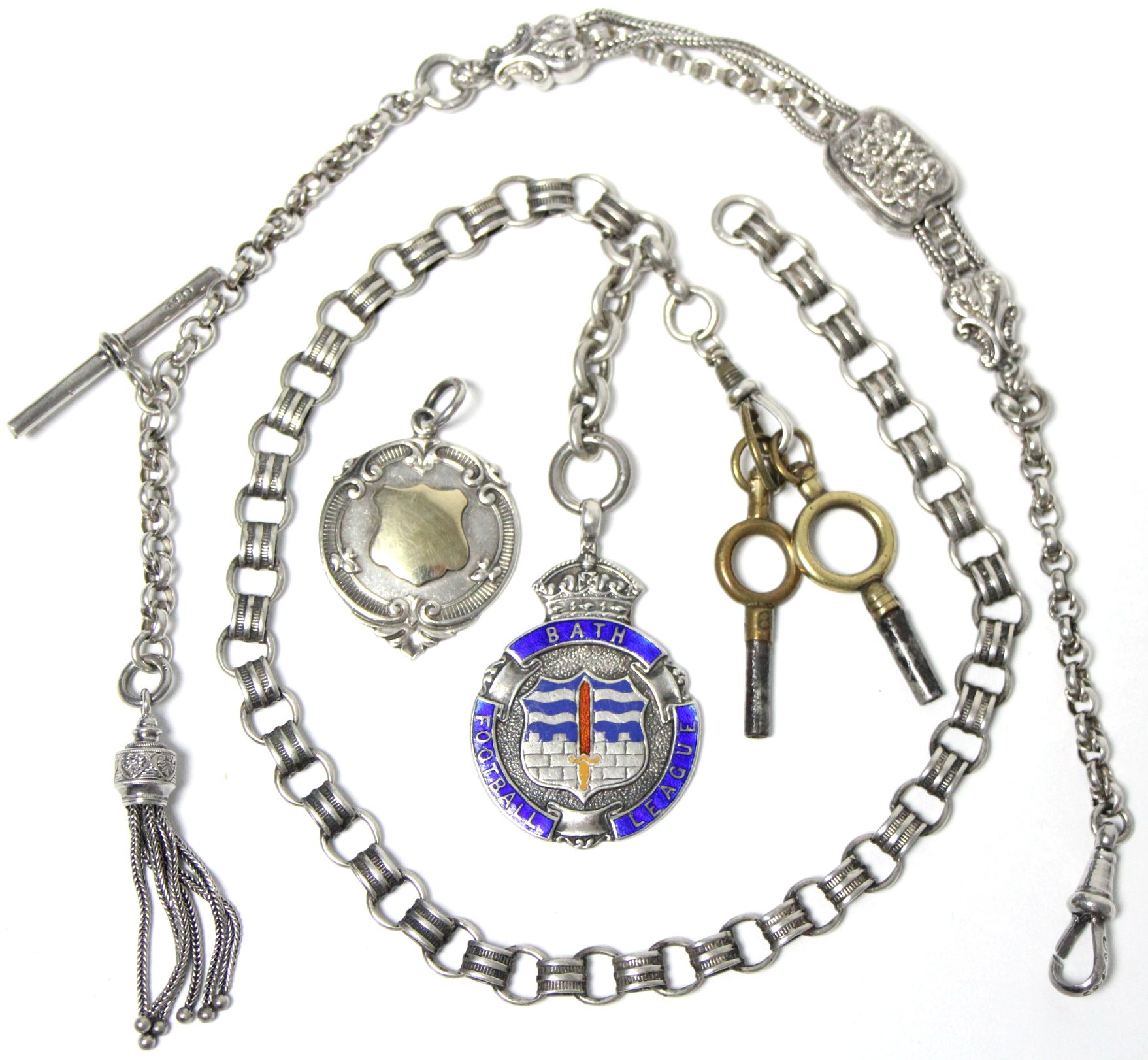 A white metal albert of oval reeded links, with silver & enamel “Bath Football League” pendant