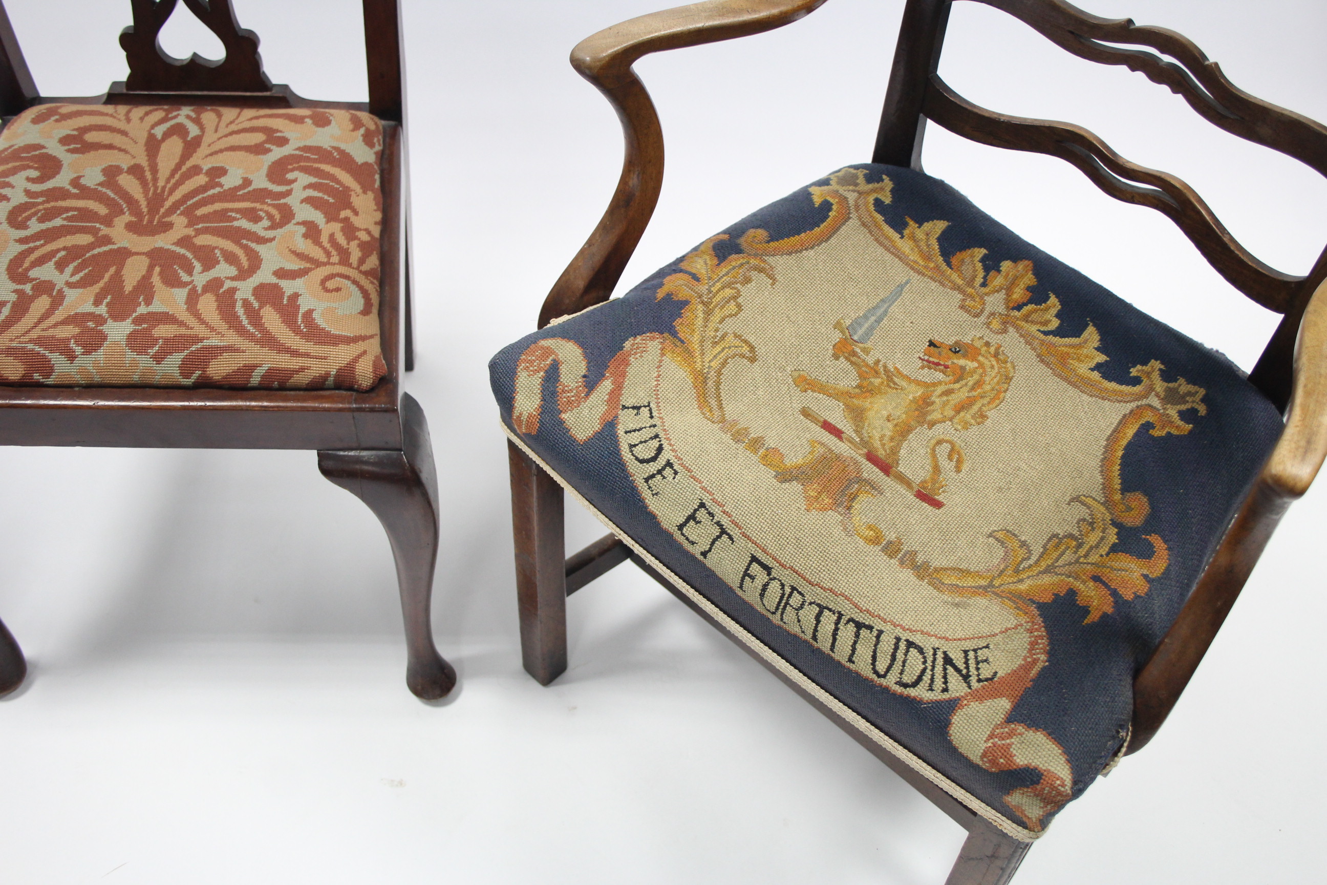 A late 18th century mahogany elbow chair with pierced ladder back & on square chamfered legs, the - Image 2 of 3