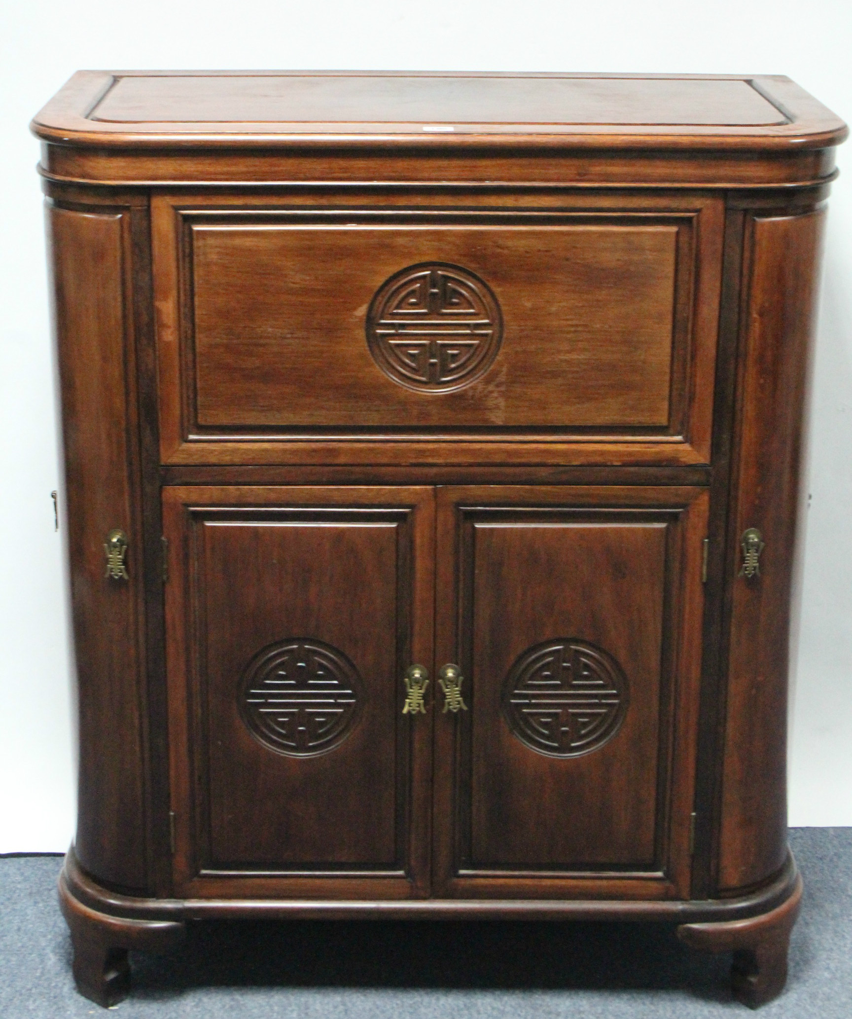 An early/mid-20th century Chinese carved hardwood drinks cabinet with lift top & fall front, - Image 2 of 8