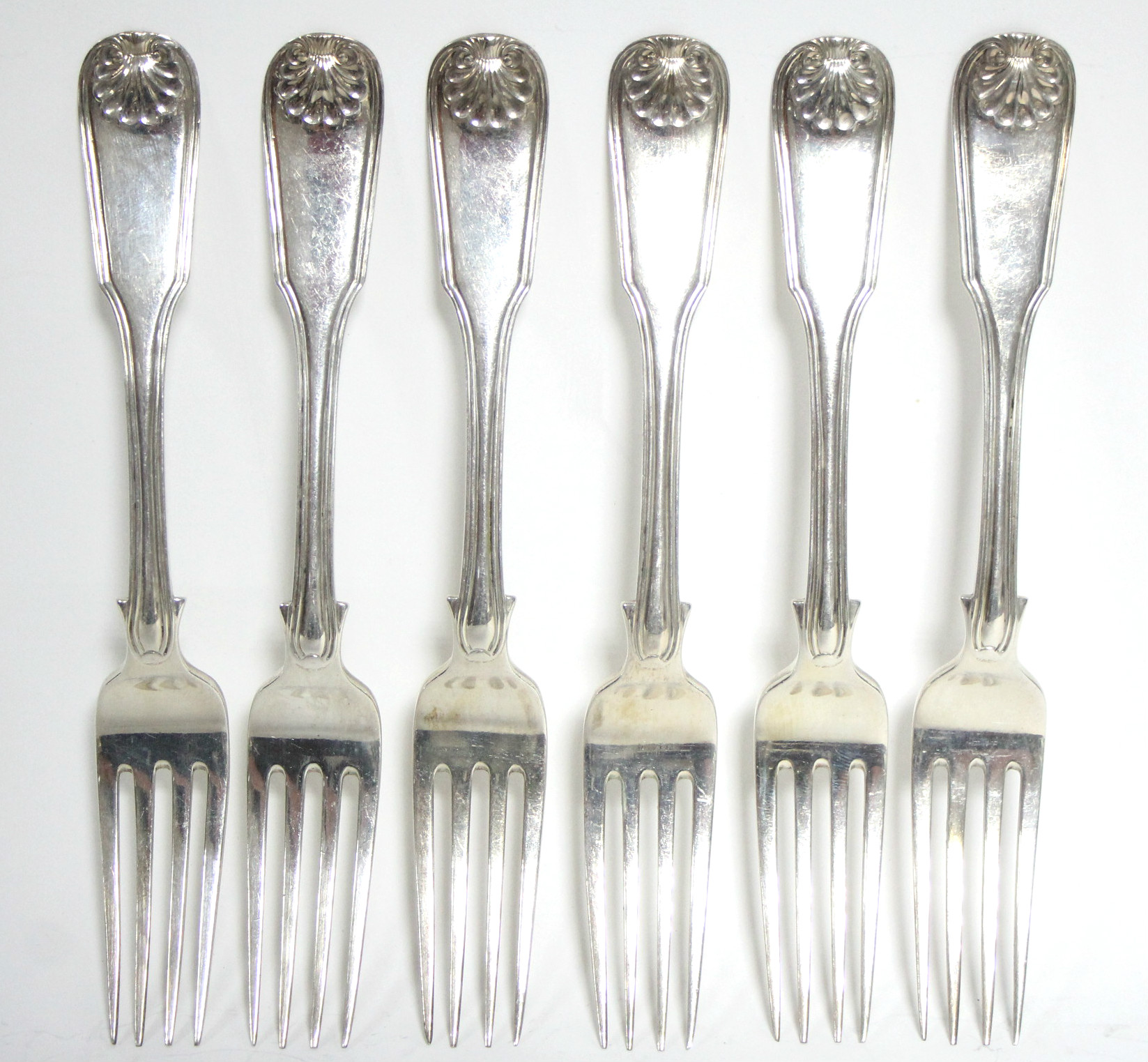 Six Scottish William IV Fiddle, Shell, & Thread pattern dessert forks; Edinburgh 1833, by Marshall &