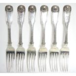 Six Scottish William IV Fiddle, Shell, & Thread pattern dessert forks; Edinburgh 1833, by Marshall &