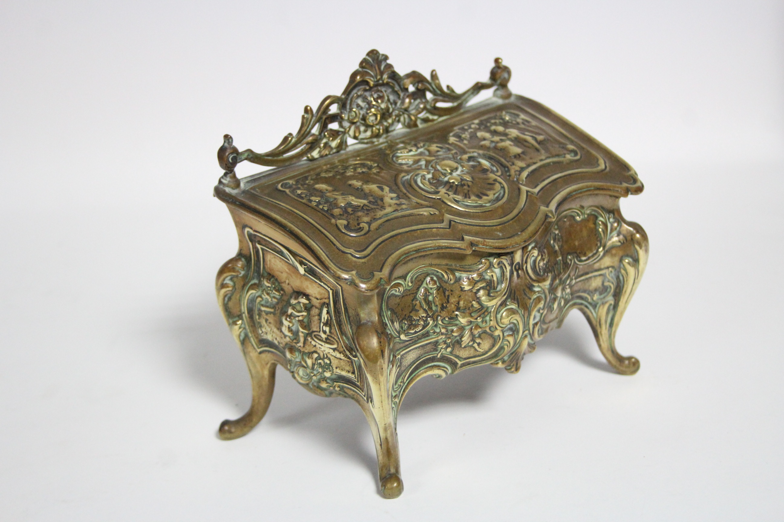 A late 19th century brass double inkwell in the form of Louis XV bureau with sloping hinged lid, - Image 2 of 6