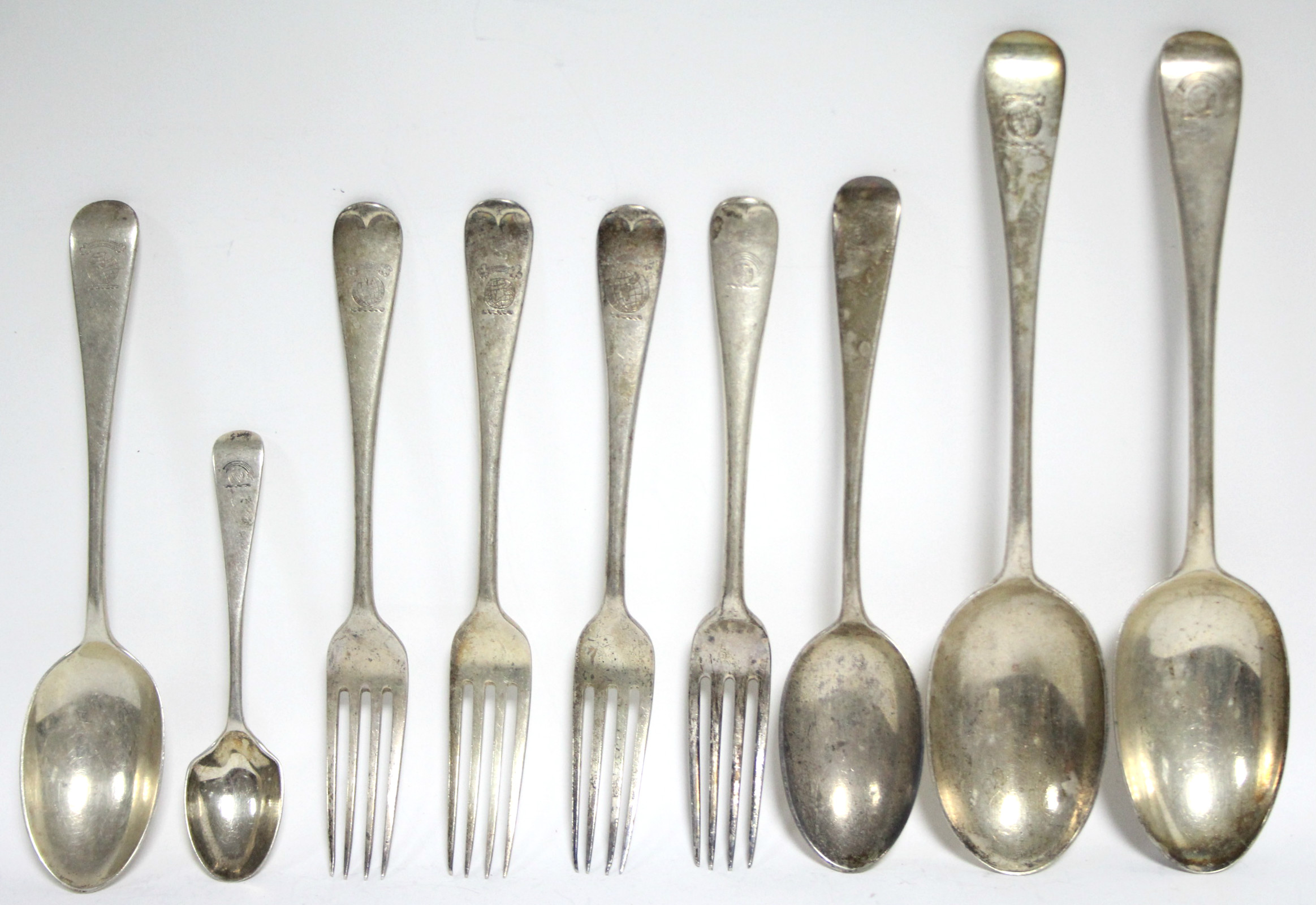 Two Old English table spoons; two matching dessert spoons; four dessert forks; & a teaspoon;