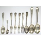 Two Old English table spoons; two matching dessert spoons; four dessert forks; & a teaspoon;