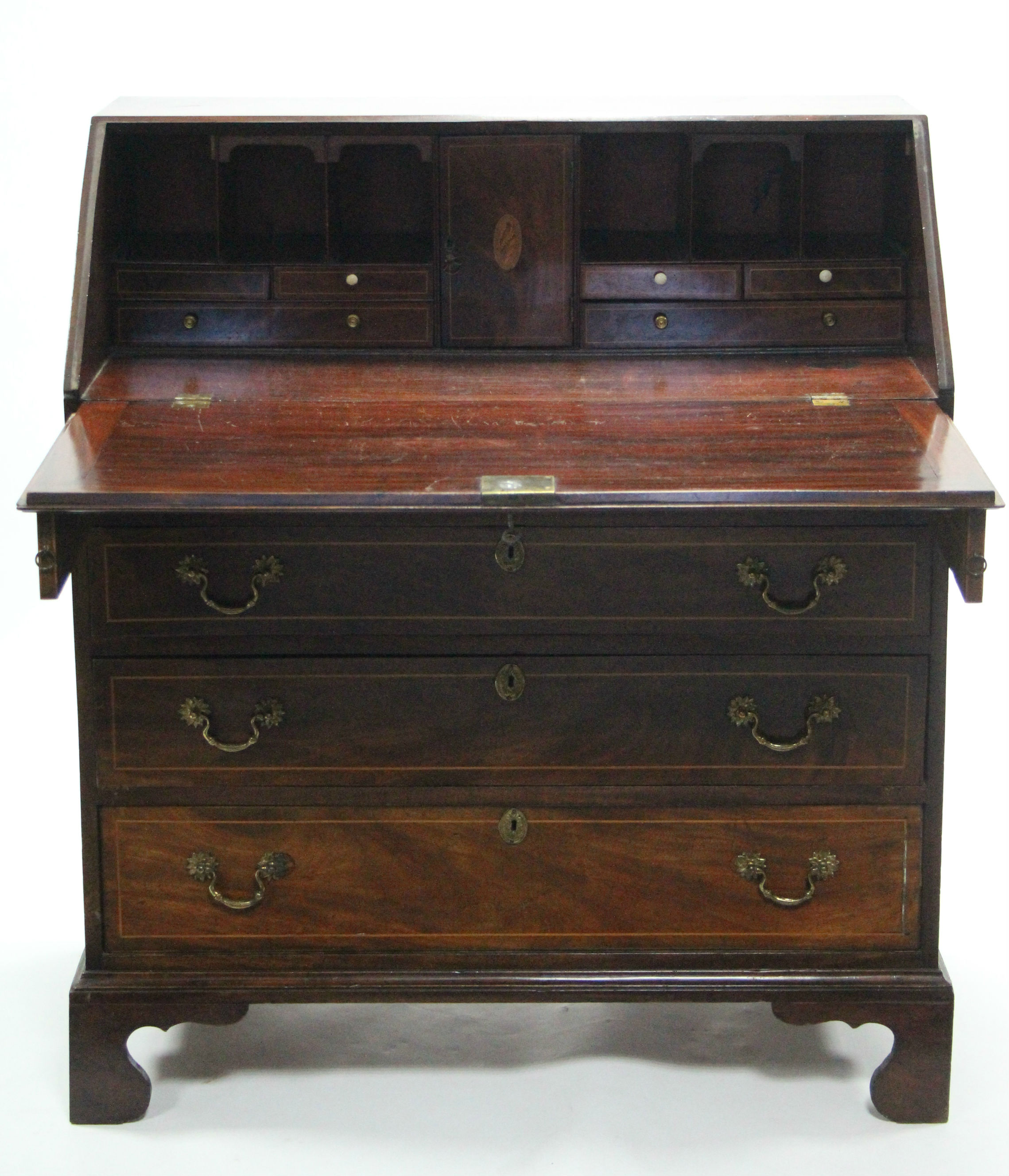 A George III inlaid-mahogany bureau, the sloping fall-front enclosing a fitted interior, with - Image 2 of 2