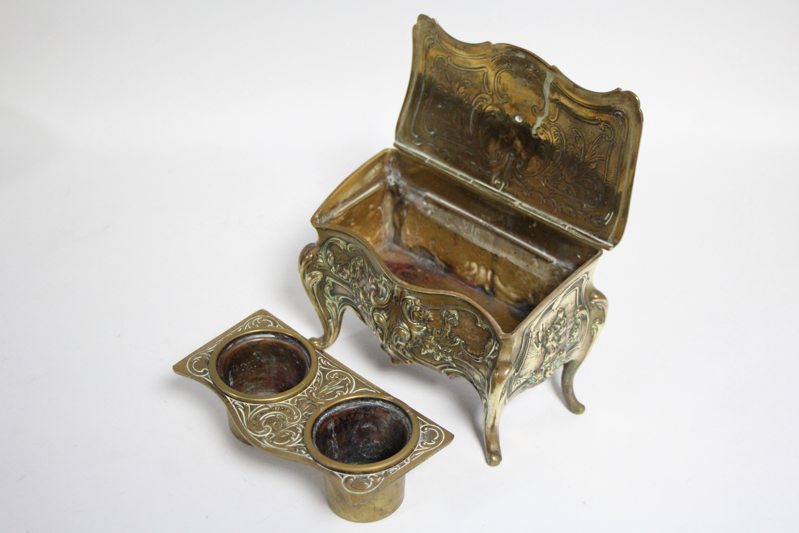 A late 19th century brass double inkwell in the form of Louis XV bureau with sloping hinged lid, - Image 5 of 6