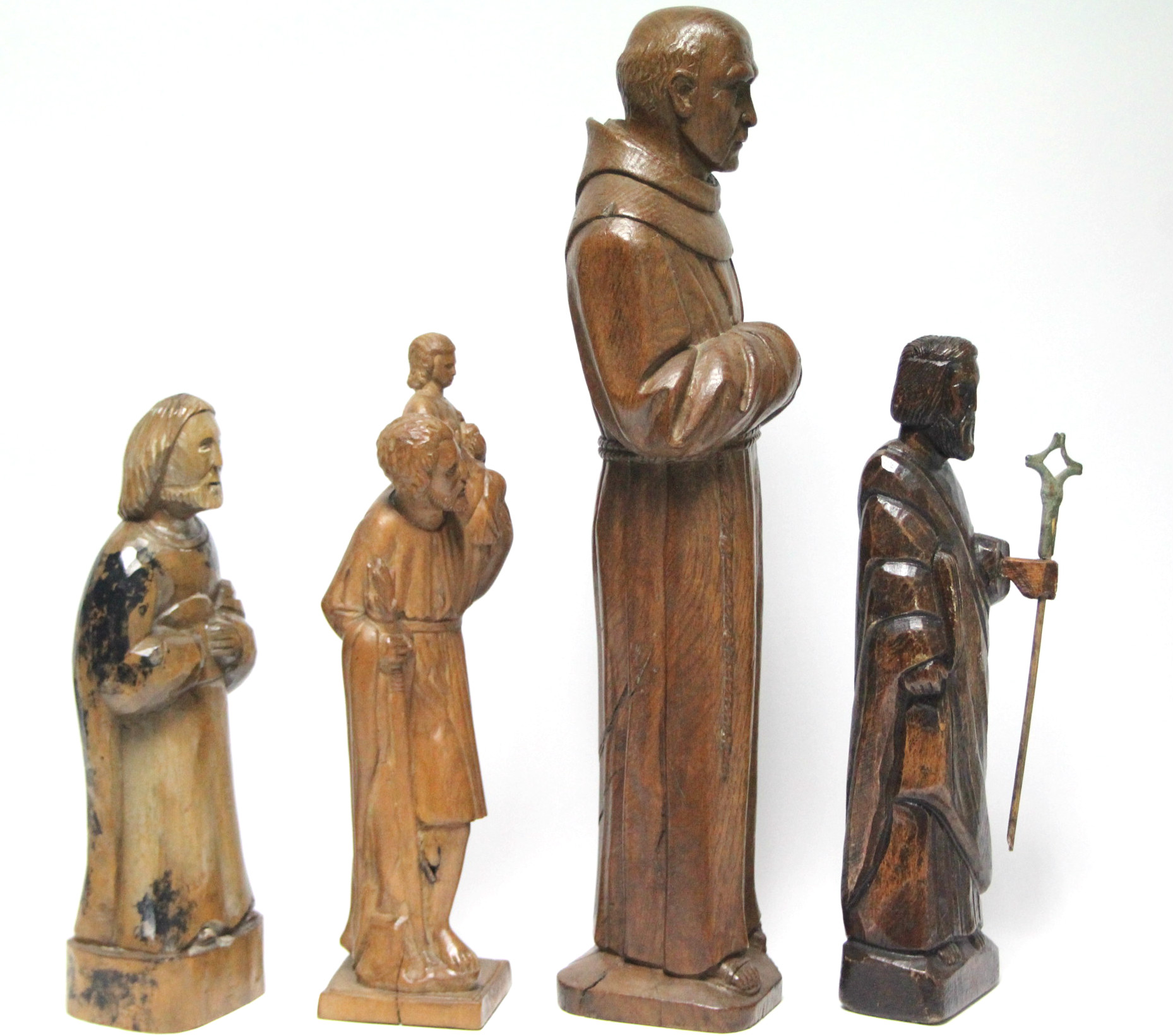 A carved oak standing figure of a monk, 20” high; & three other smaller carved wood religious - Image 2 of 4