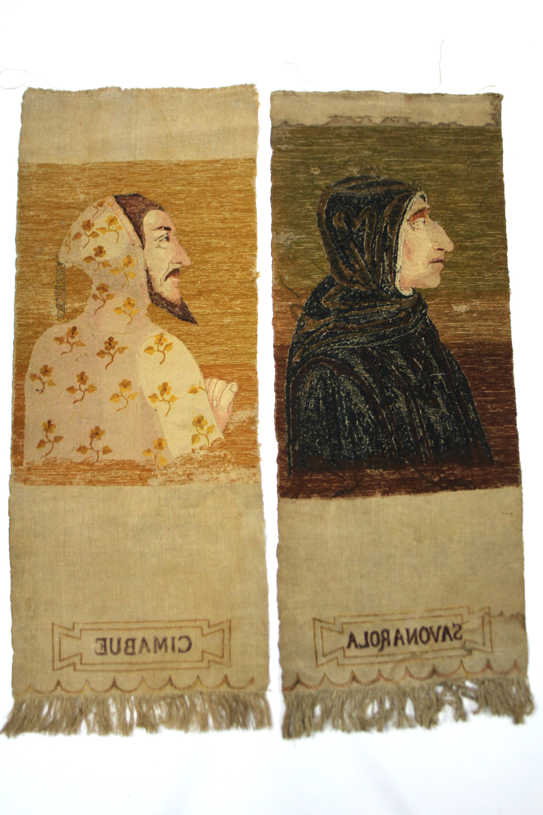 A pair of woven portrait panels, one titled: “SAVONAROLA”, the other titled: “CIMABUE”; each 40” x - Image 2 of 2