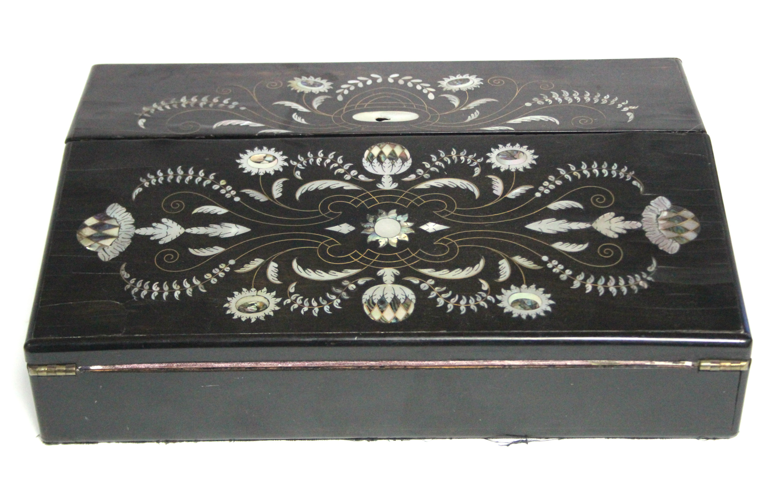 A Victorian coromandel writing slope with inlaid mother-of-pearl & brass wire floral decoration,