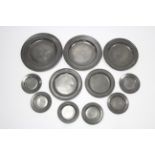 Five 18th century pewter graduated chargers, 18”, 16½”, 15”, 13½”, & 12” diam.; & six ditto 8½”