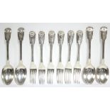 Six Victorian Fiddle, Shell, & Thread pattern table forks; & four matching table spoons; London
