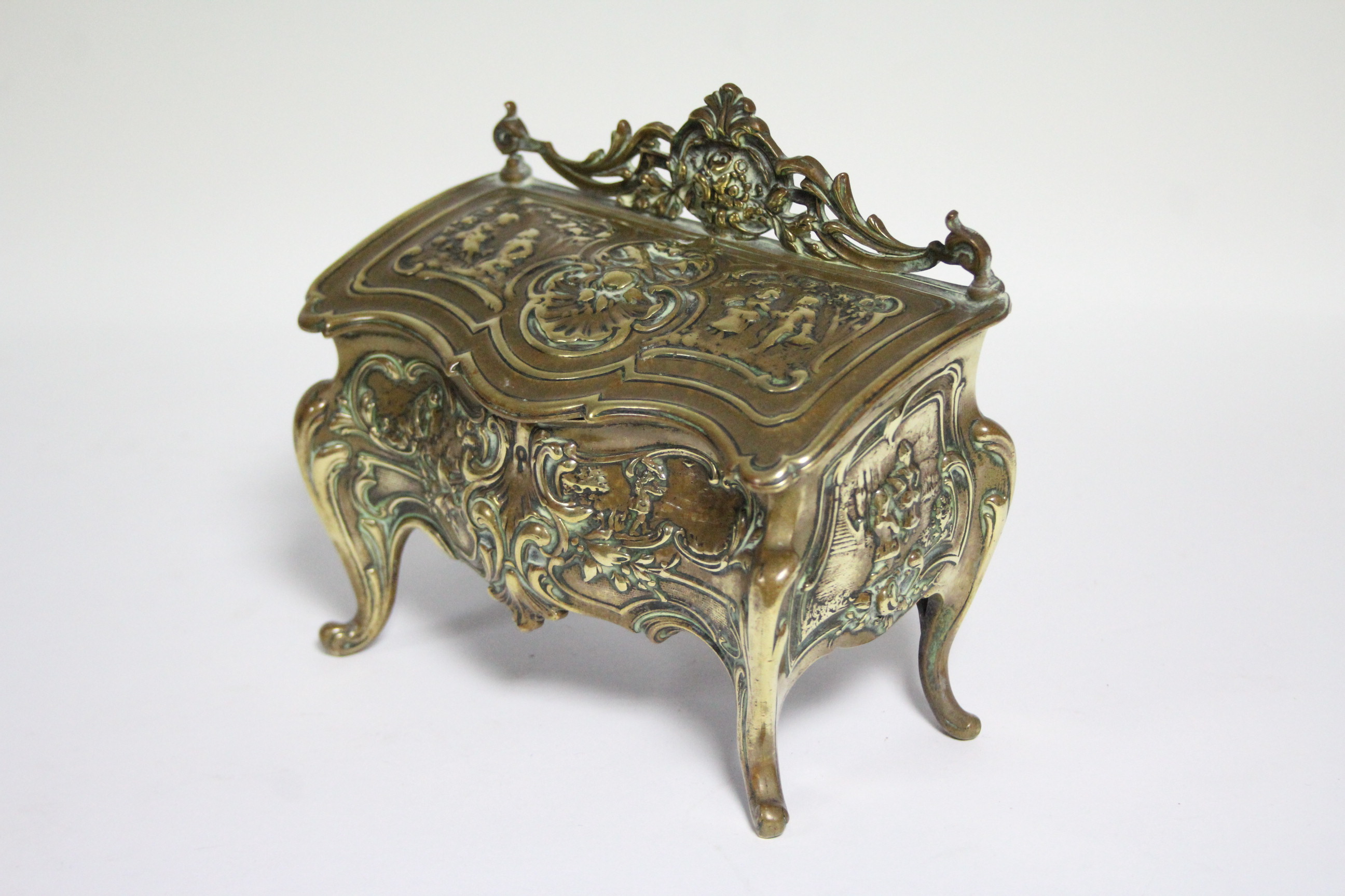A late 19th century brass double inkwell in the form of Louis XV bureau with sloping hinged lid, - Image 3 of 6