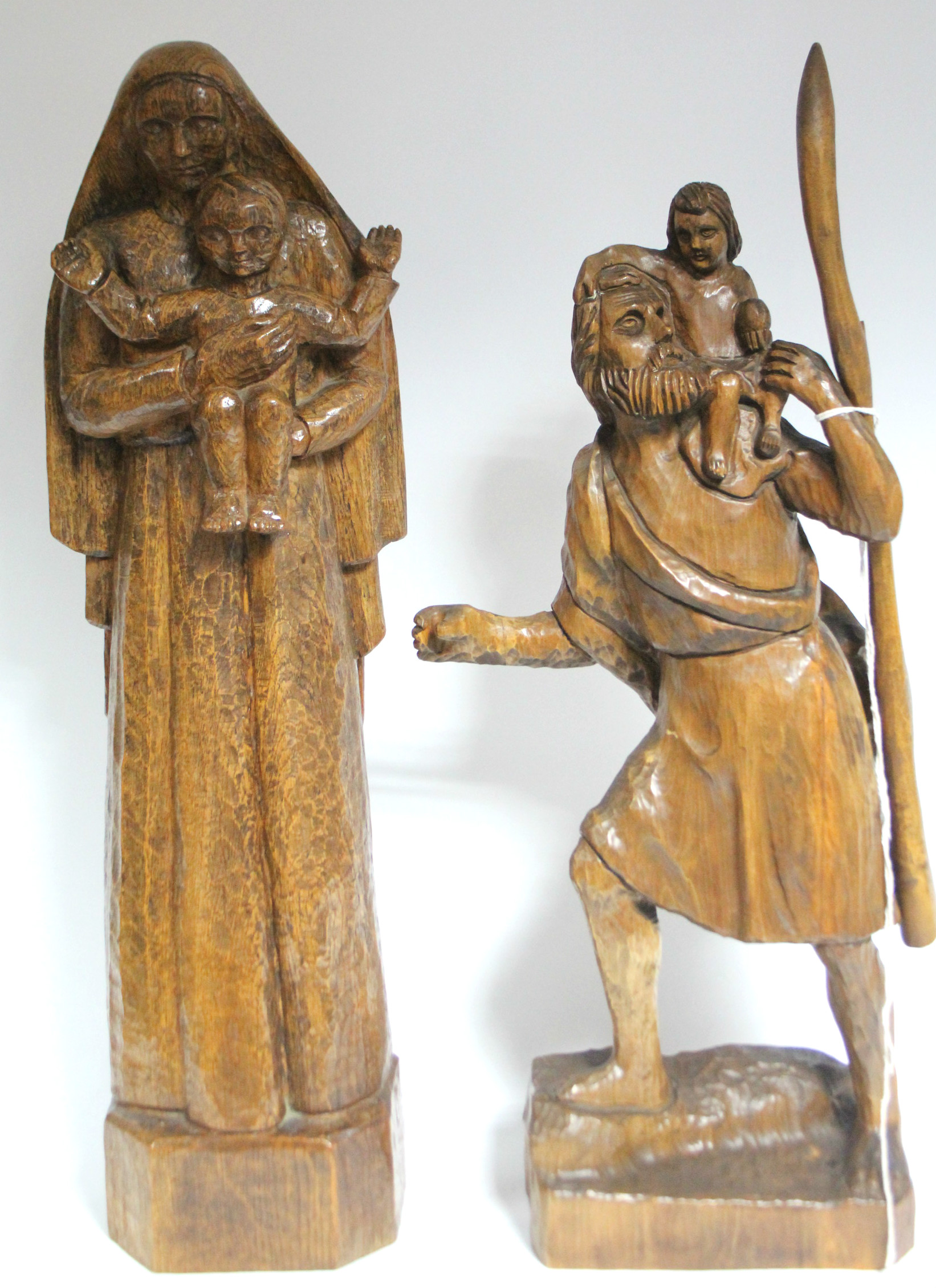 A large carved oak standing figure of the Virgin Mary & Infant Christ; 30” high; & a carved limewood