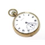A 9ct. gold cased open-faced gent’s pocket watch, the white enamel dial with black roman