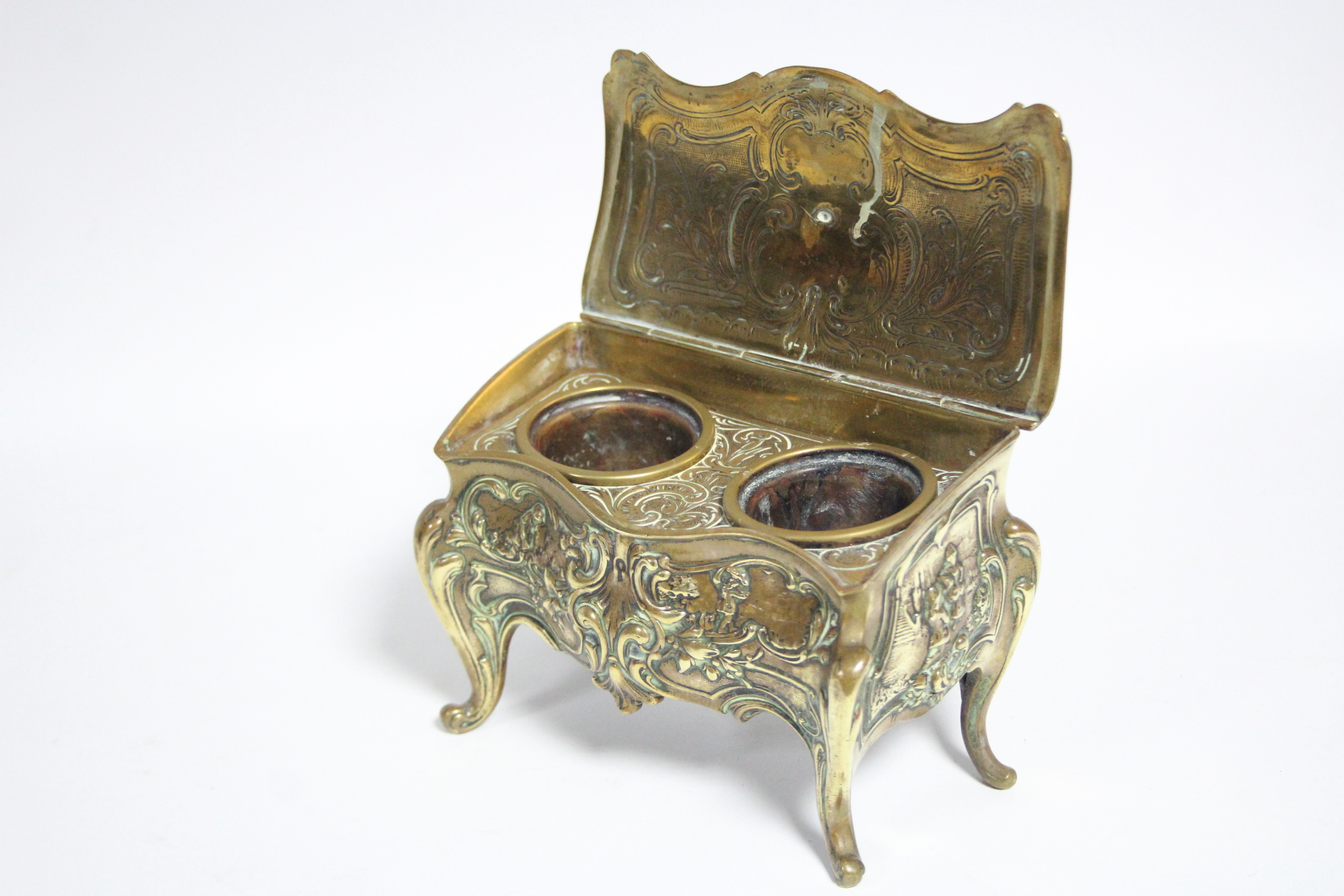 A late 19th century brass double inkwell in the form of Louis XV bureau with sloping hinged lid, - Image 4 of 6
