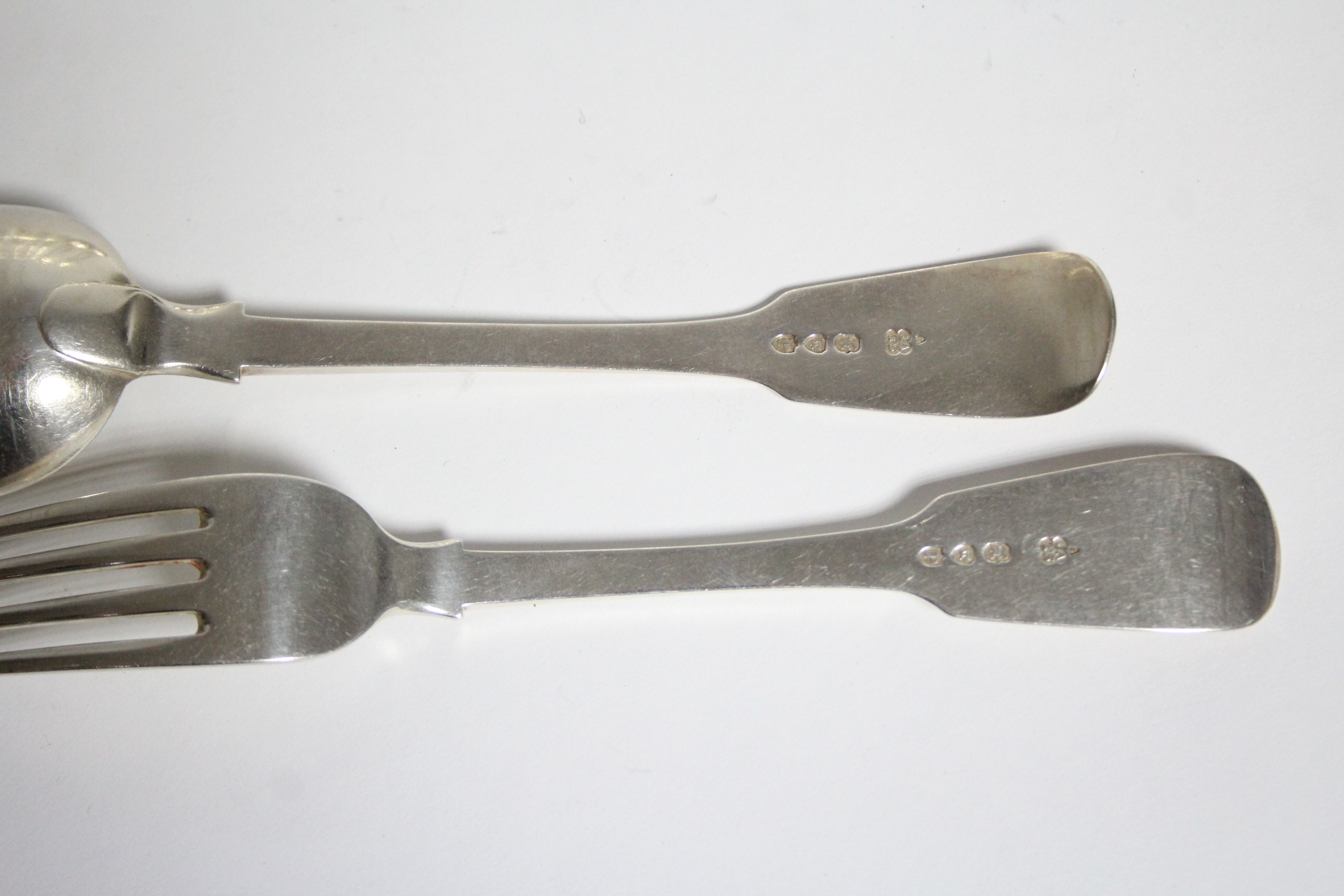 Six Victorian Fiddle, Shell, & Thread pattern table forks; & four matching table spoons; London - Image 2 of 2