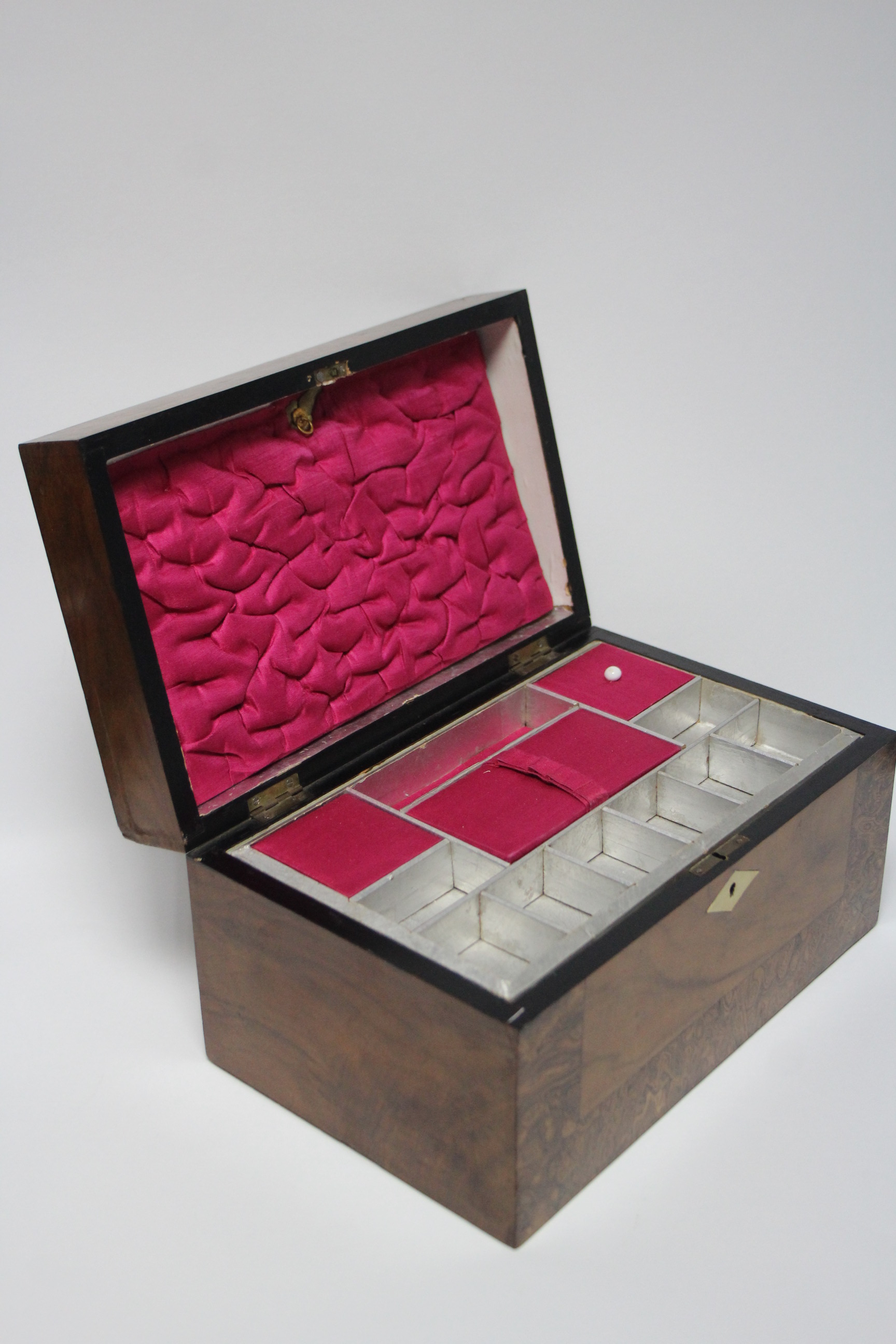 A 19th century mahogany & burr-elm sewing box, the hinged lid inset ivory lozenge & enclosing a - Image 4 of 5