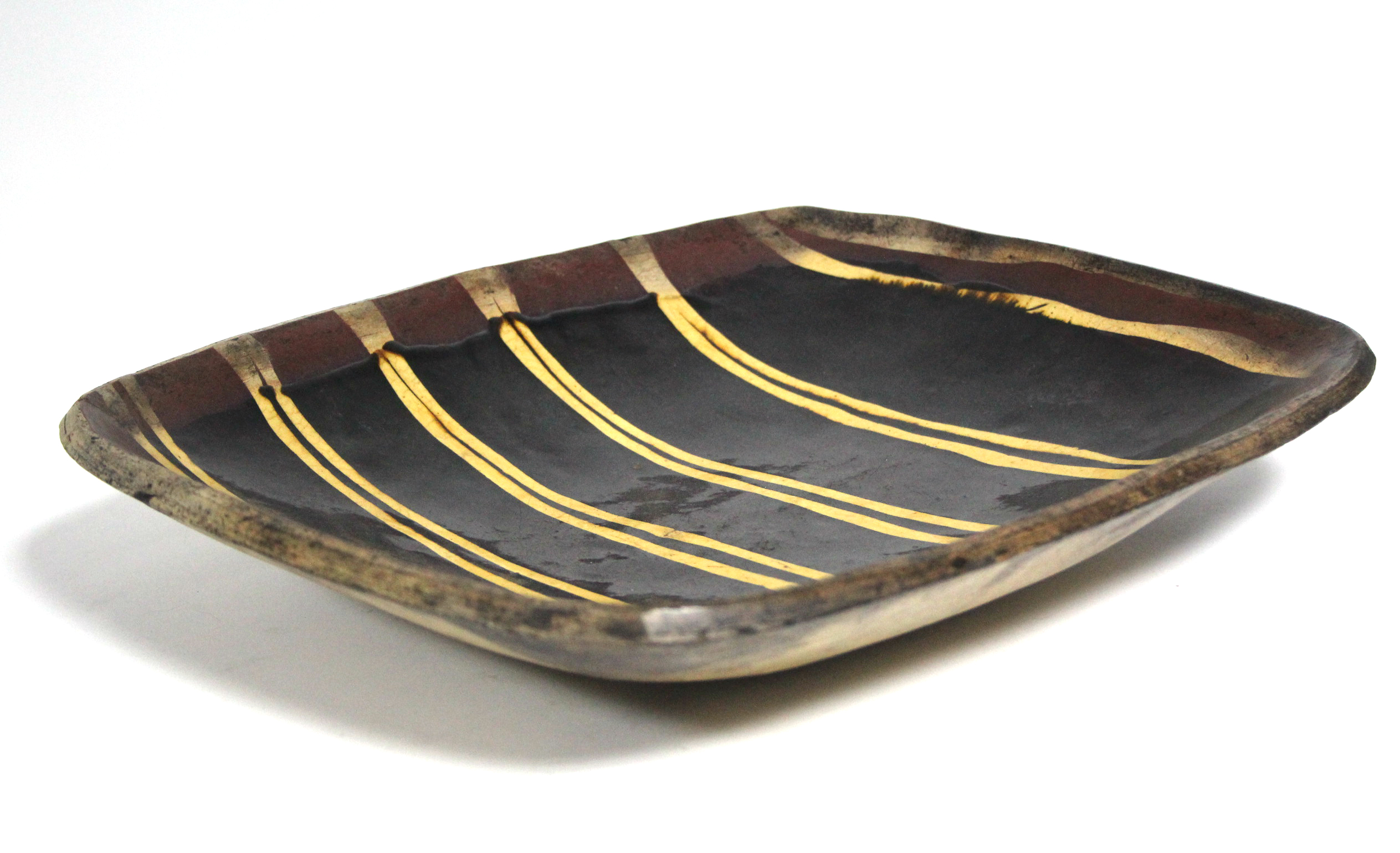 A rectangular slipware dish decorated with pairs of cream lines on a chocolate-brown ground; 15” x - Image 2 of 6