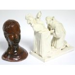 A naïve brown glazed & green splashed terracotta figural bust, 7” high; & a creamware group of a