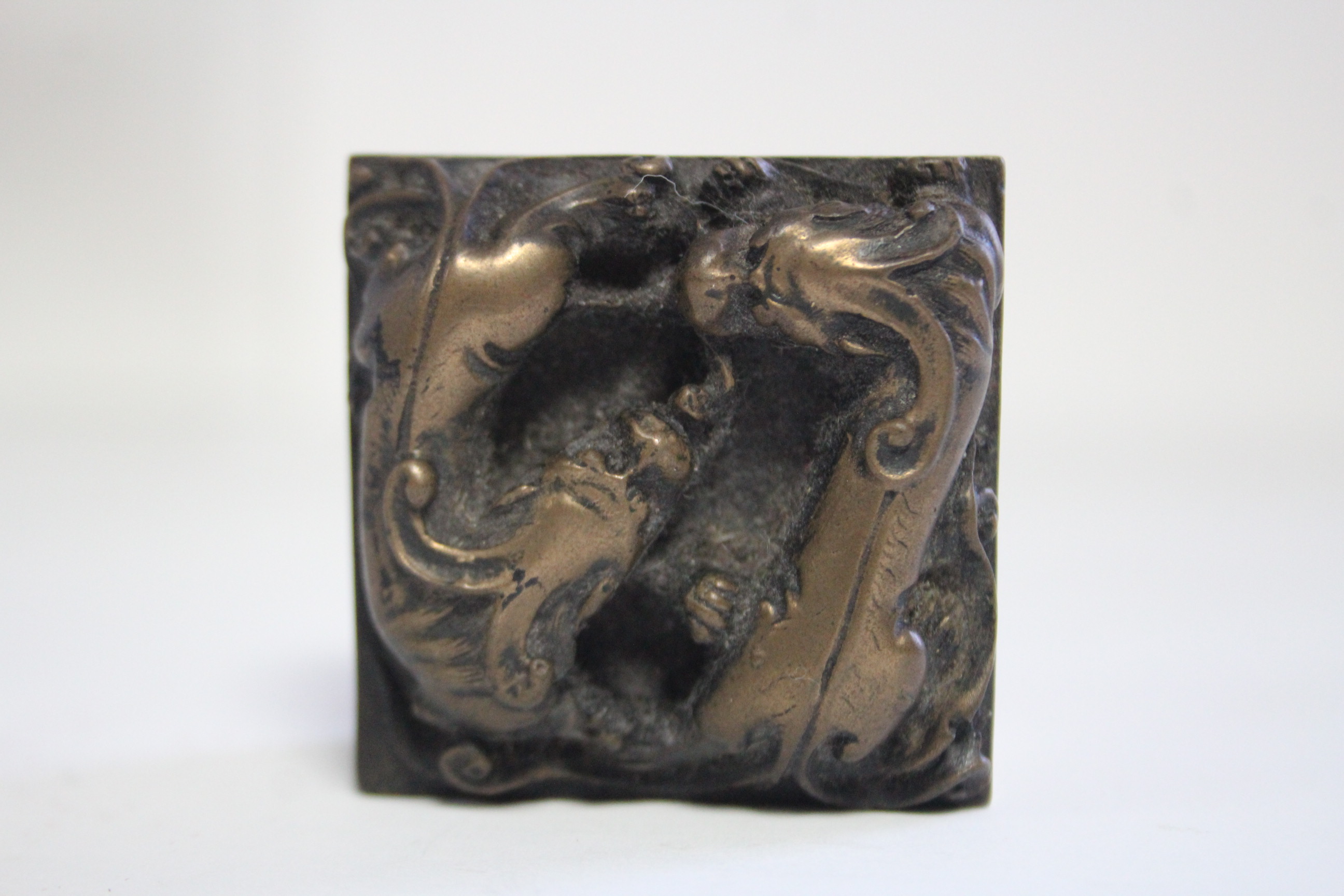 A Chinese carved opaque green/white jade stylised model of a pig, 3¾” long; & a bronzed square - Image 6 of 9