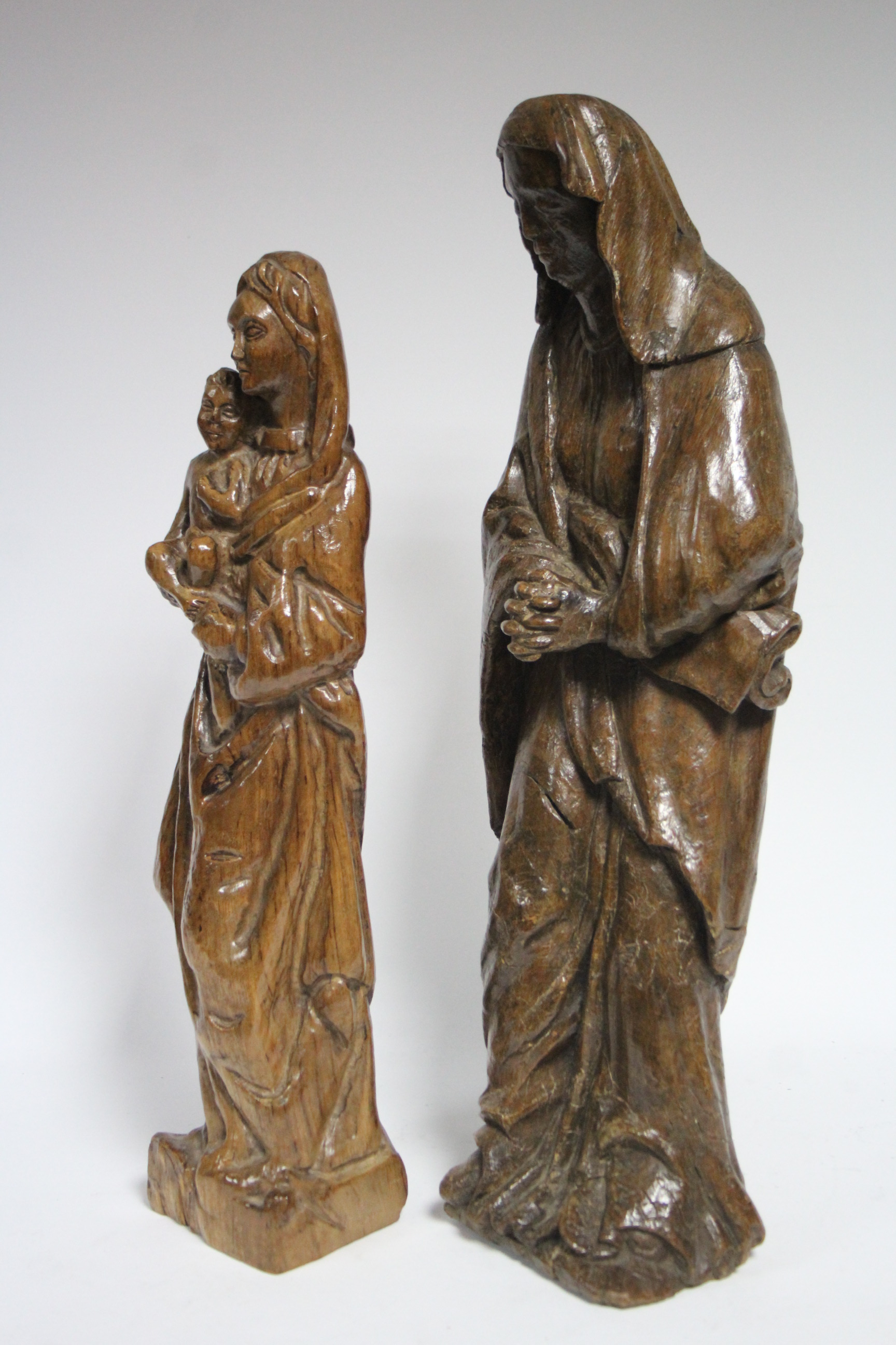 A carved oak standing figure of the Virgin Mary, 19¼” high; & another carved wood figure of the - Image 2 of 4