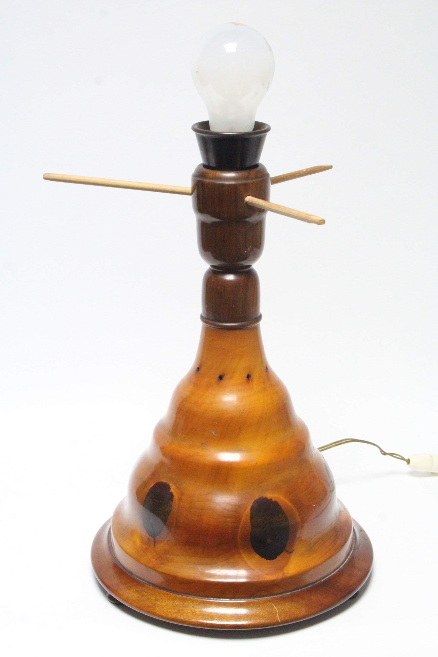 An early 20th century Palm-wood table lamp with domed shade, on turned flared base; 19” high. - Image 2 of 5
