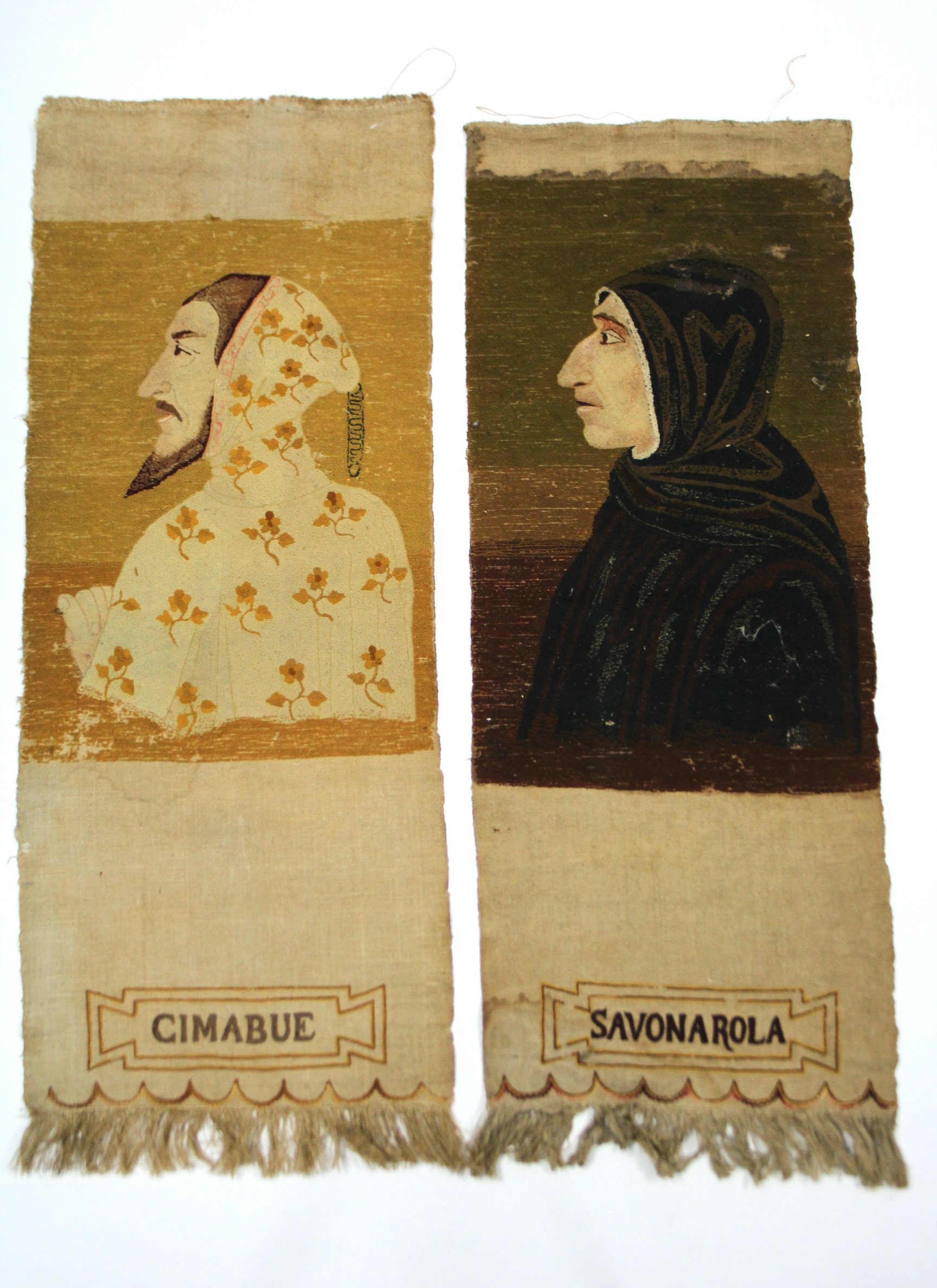 A pair of woven portrait panels, one titled: “SAVONAROLA”, the other titled: “CIMABUE”; each 40” x