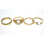 Two 22ct. gold wedding bands; & two 22ct. gold rings – lacking gemstones. (13.3gm total).