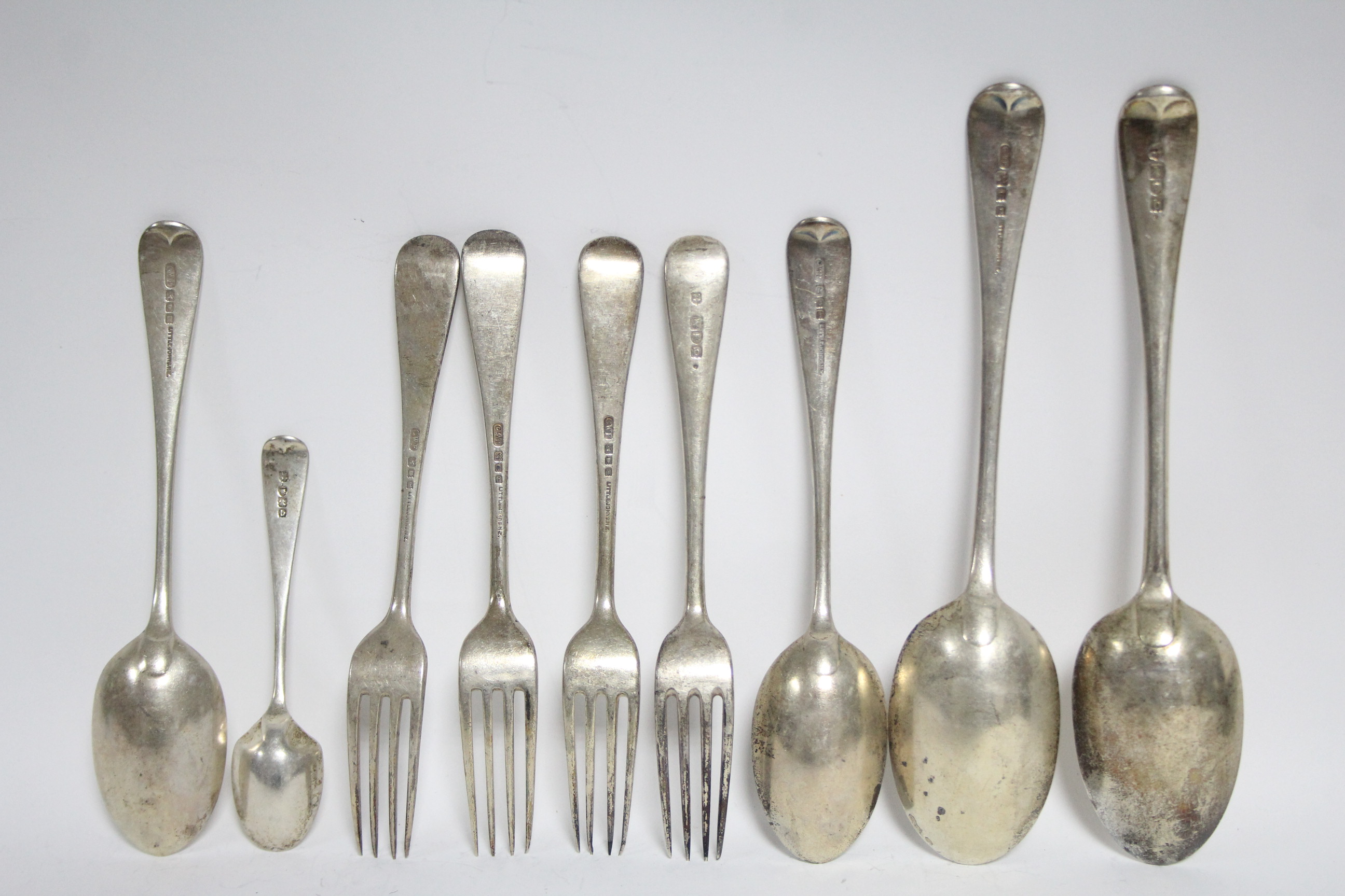 Two Old English table spoons; two matching dessert spoons; four dessert forks; & a teaspoon; - Image 2 of 2