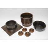 A collection of treen items, including two 15” diam. bowls; a 7¼” diam. bowl (old wire repairs); two