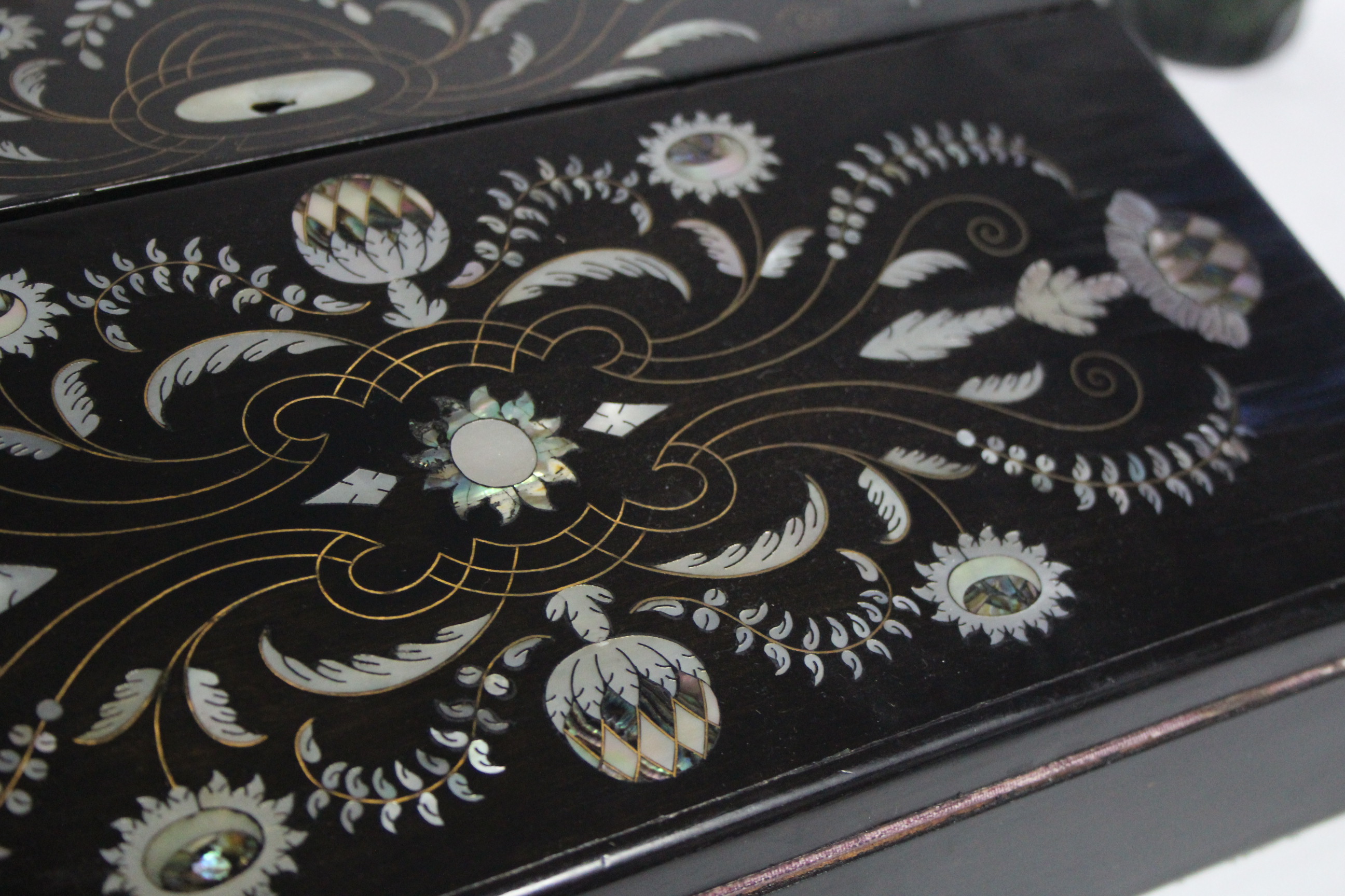 A Victorian coromandel writing slope with inlaid mother-of-pearl & brass wire floral decoration, - Image 2 of 7