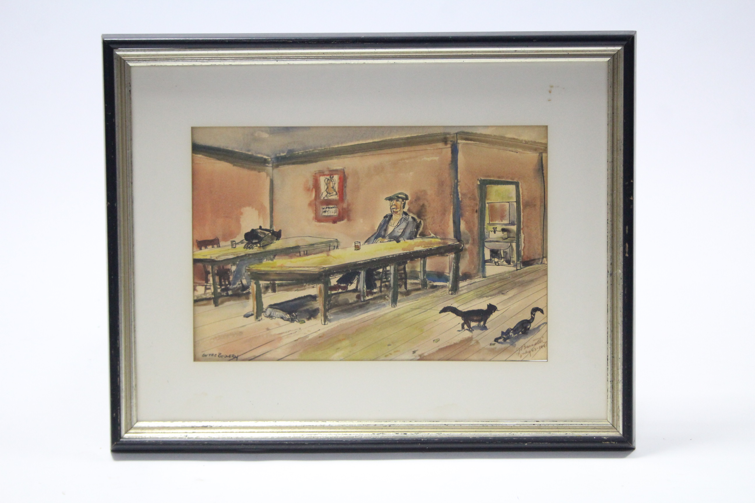 BARRATTI, J. (20th century) A Manhattan bar-room scene, inscribed “On The Bowery”, signed & dated J - Image 3 of 9