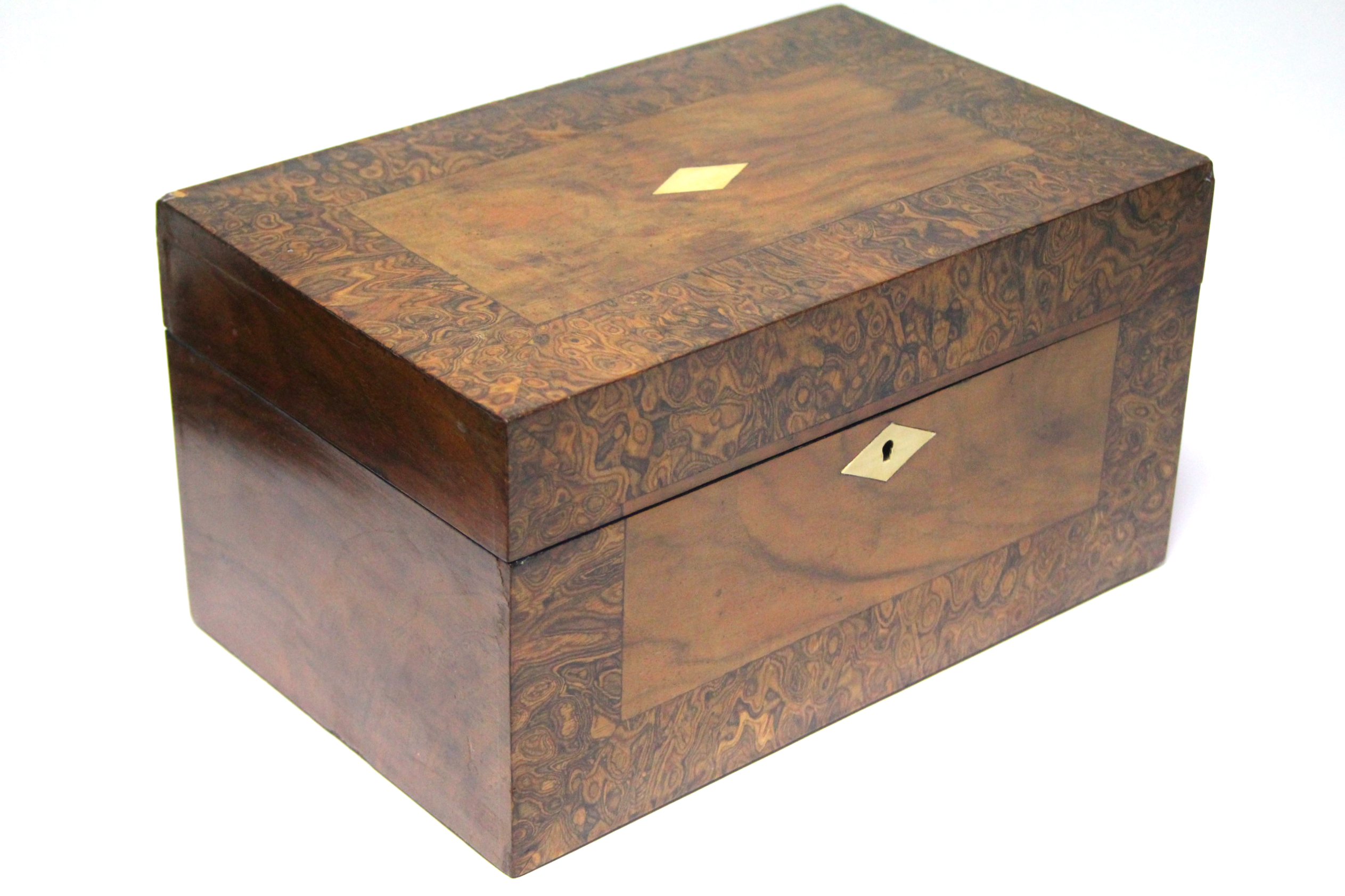 A 19th century mahogany & burr-elm sewing box, the hinged lid inset ivory lozenge & enclosing a