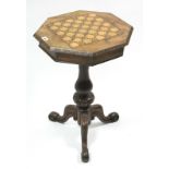 A 19th century oak & walnut needlework table inset coloured straw-work chessboard to the hinged