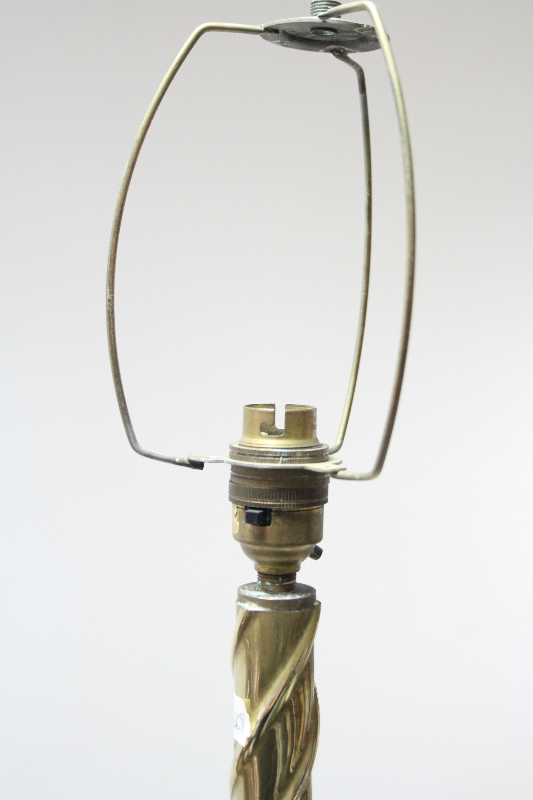 A brass standard lamp with spiral-twist centre column & on circular stepped base, with shade. - Image 3 of 4