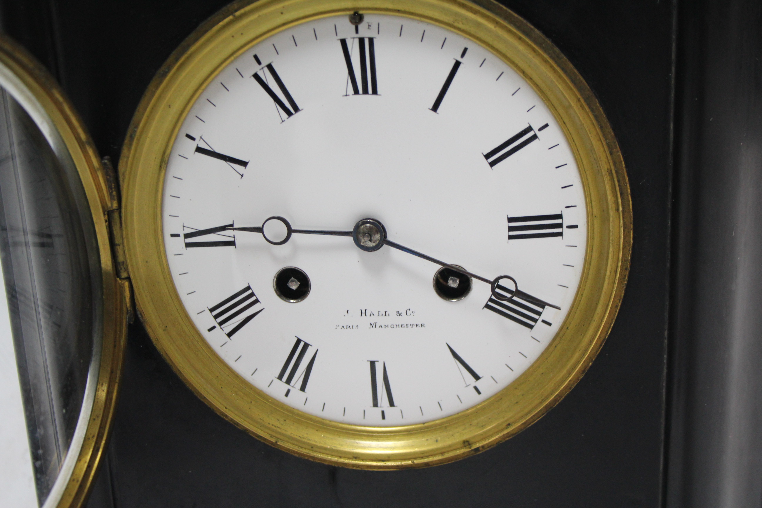 A 19th century mantel clock with black roman numerals to the white enamel dial signed “HALL & Co. - Image 3 of 3