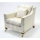 A Duresta square back armchair upholstered cream & fawn striped material & on mahogany short