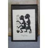 A pair of black & white wood cuts – stylised figure studies titled: “Sing Sing –Papua New Guinea” (