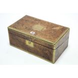 A 19th century brass-inlaid & brass-bound burr-walnut writing slope with fitted interior, 15¾”