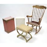 A spindle-back rocking chair; two painted loom linen boxes; & a ditto rectangular stool.