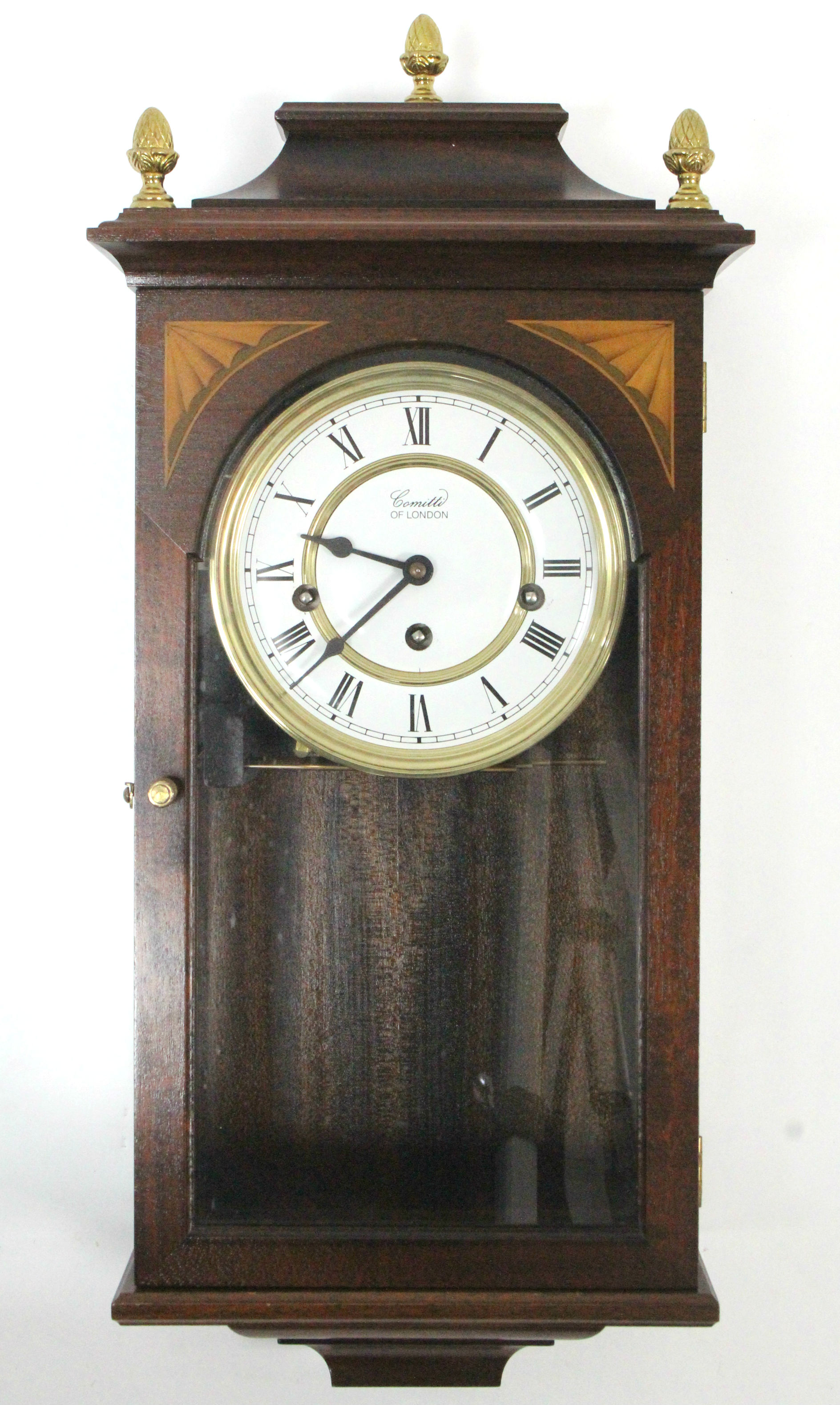 A Gamitti of London reproduction wall clock in inlaid-mahogany case, 24” high, boxed; together