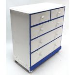 A Victorian white & blue painted pine chest fitted two short & three long graduated drawers with