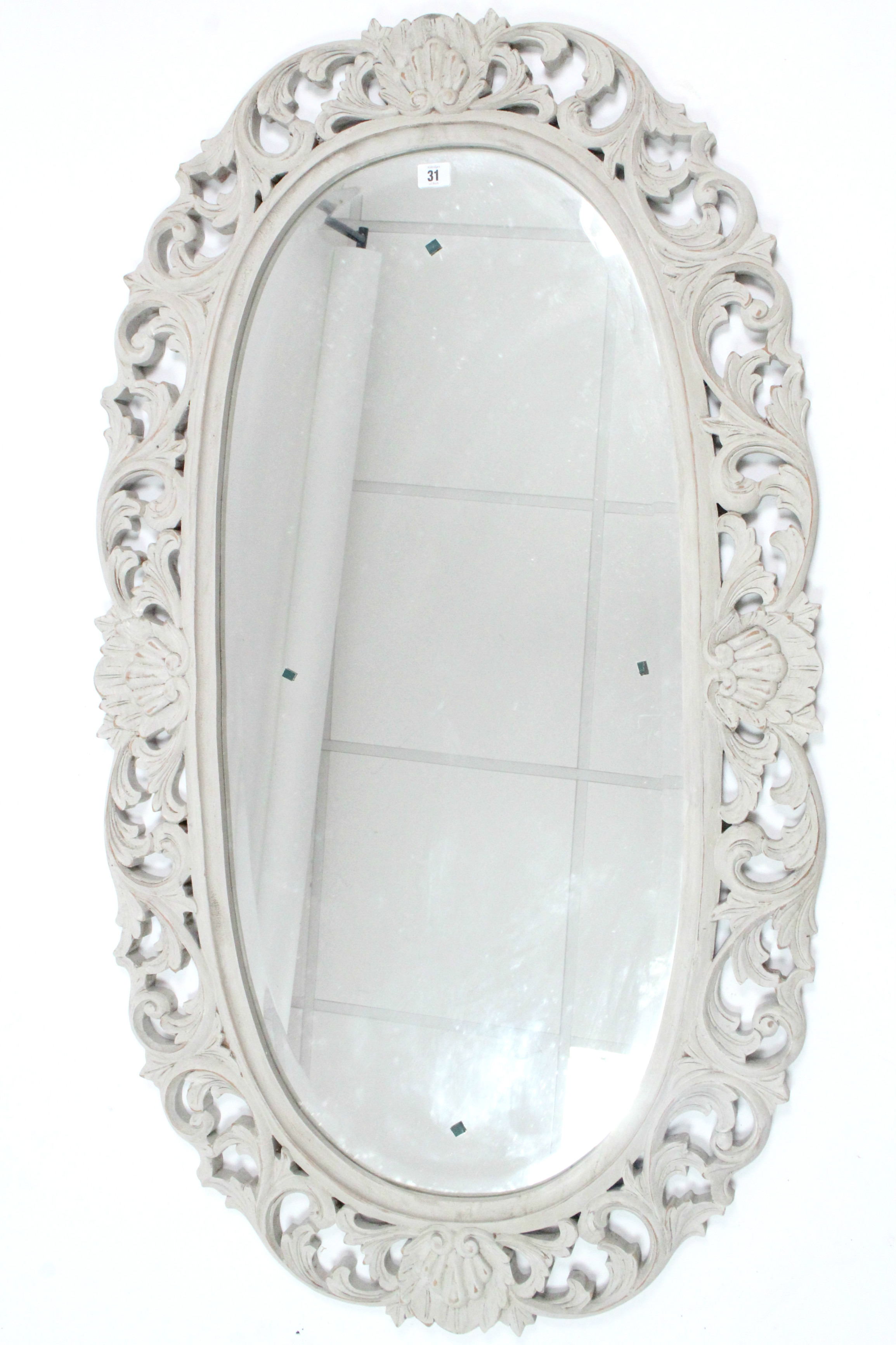 A similar large white painted & carved wood frame oval wall mirror inset bevelled plate, 49” x 28”.